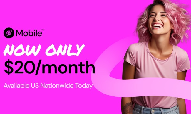Helium Mobile $20/month plan banner showing a happy woman against a pink background.